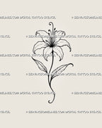 Simple lily tattoo stencil with one open flower, six curved petals, tall curling stamens, a slender stem, two pointed leaves, and light dot details