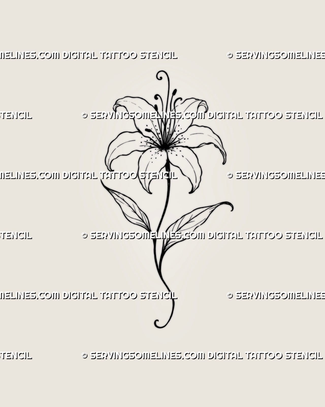 Simple lily tattoo stencil with one open flower, six curved petals, tall curling stamens, a slender stem, two pointed leaves, and light dot details