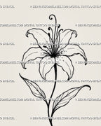 Close detail of simple lily tattoo stencil showing curved petals, dark anthers, fine dot accents, light petal lines, and leaf veins