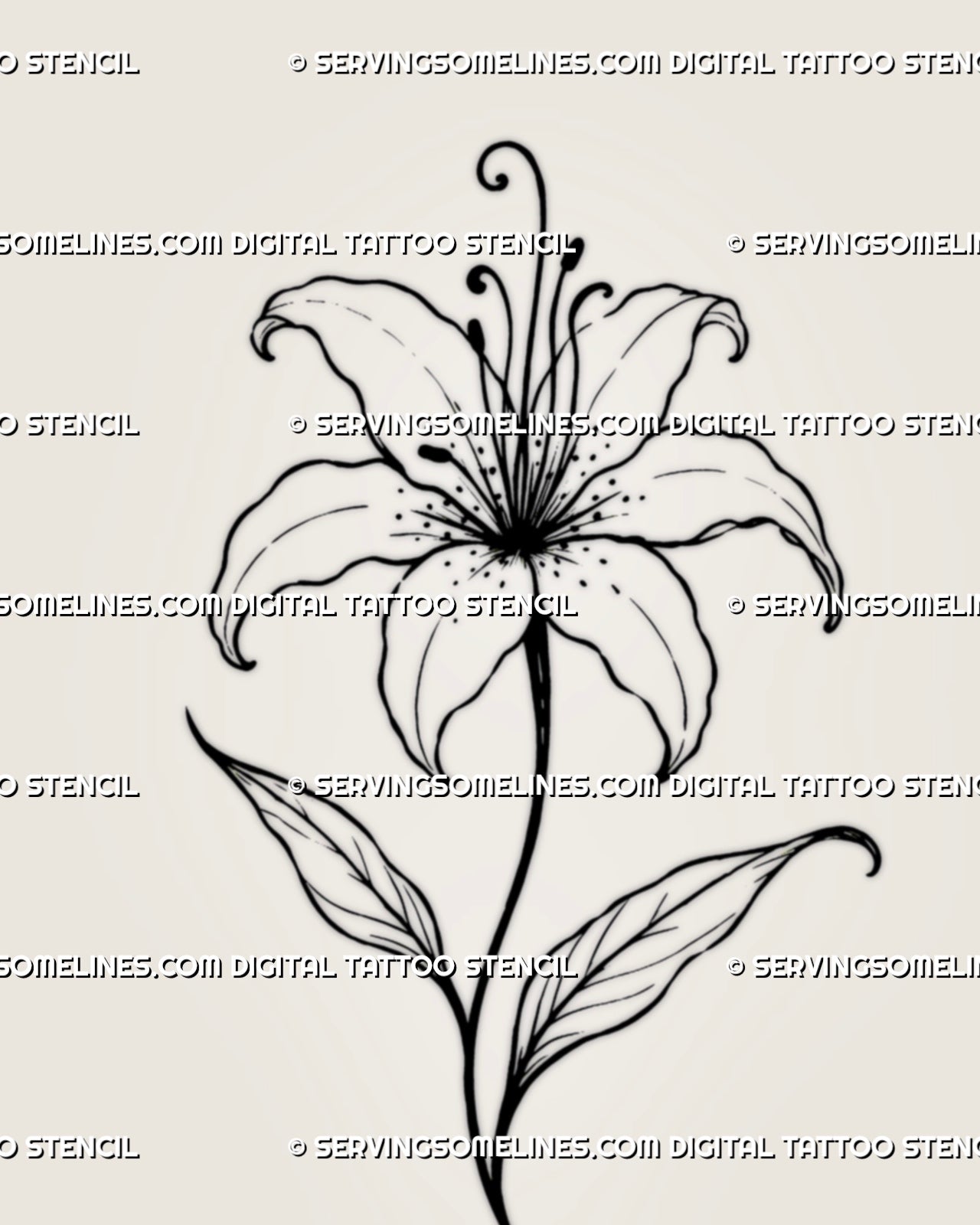 Close detail of simple lily tattoo stencil showing curved petals, dark anthers, fine dot accents, light petal lines, and leaf veins