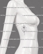 Simple lily tattoo shown on women’s side ribs with one open flower, a gently curved stem, pointed leaves, and clean botanical linework