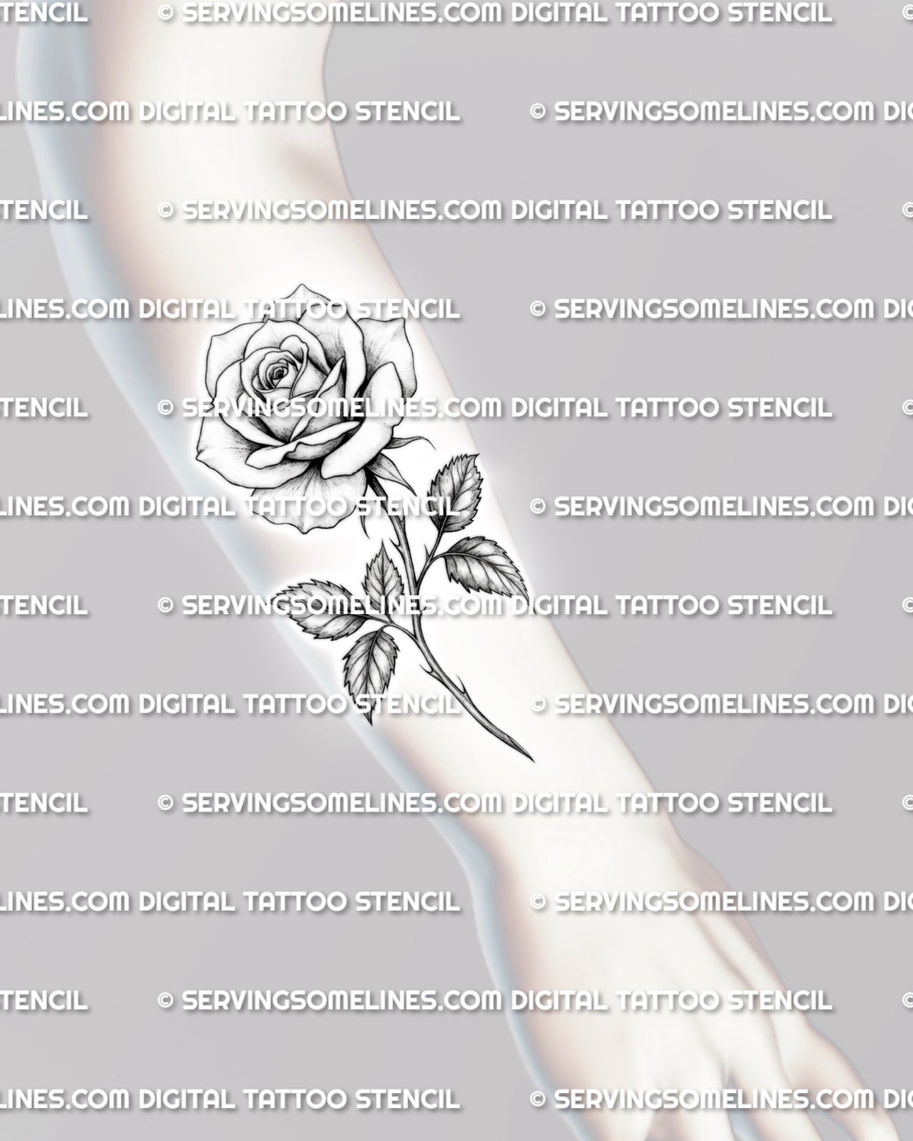 Single rose tattoo stencil shown on forearm placement with long stem, leaf detail, and classic floral linework