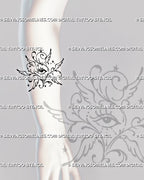 Six-winged angel eye tattoo shown on the forearm with an abstract seraphim eye, decorative scrollwork, celestial stars, and hand-drawn ornamental linework