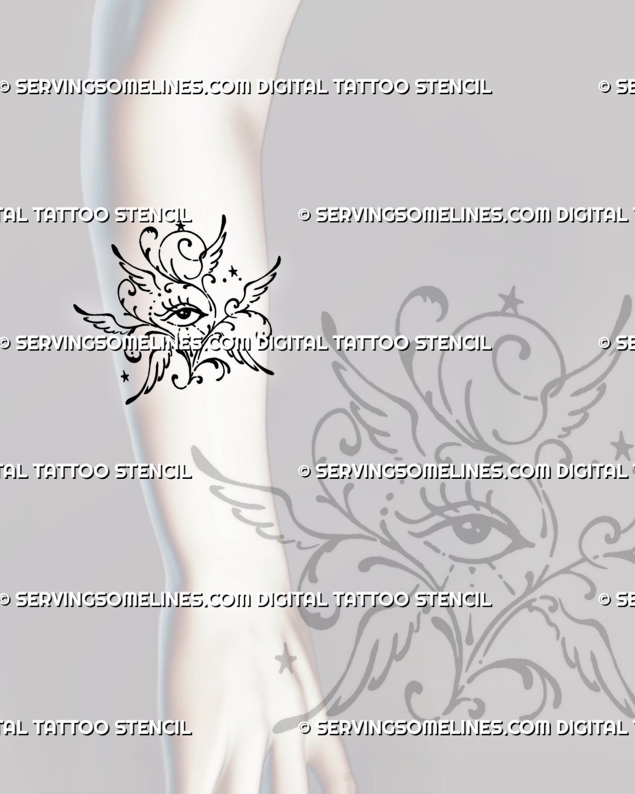Six-winged angel eye tattoo shown on the forearm with an abstract seraphim eye, decorative scrollwork, celestial stars, and hand-drawn ornamental linework