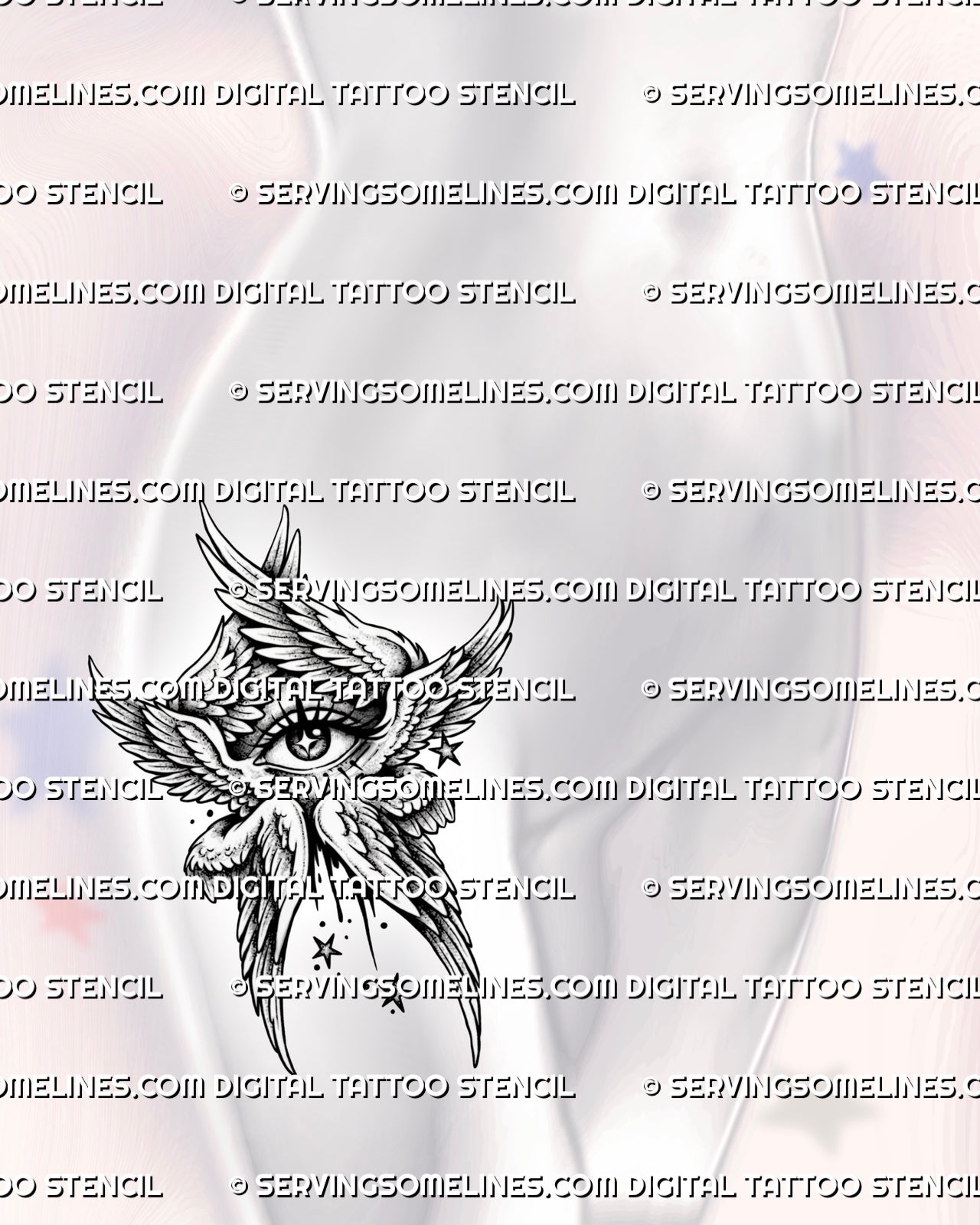 Six winged angel tattoo shown on womens hip placement, with central eye, layered feathered wings, and compact vertical shape.