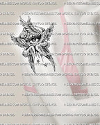 Six winged angel tattoo shown on womens upper arm placement, with central eye, stacked wings, and celestial star accents.
