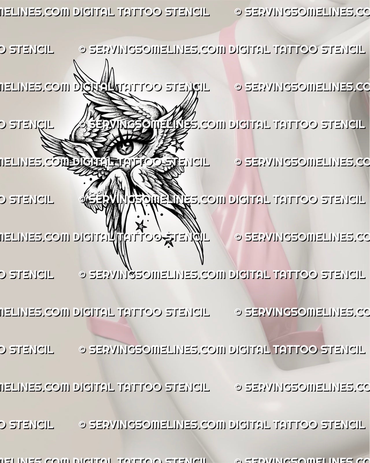 Six winged angel tattoo shown on womens upper arm placement, with central eye, stacked wings, and celestial star accents.