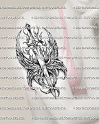 Six winged seraphim tattoo shown on womens upper arm placement, with sword detail, wing eyes, and layered angel wings. 