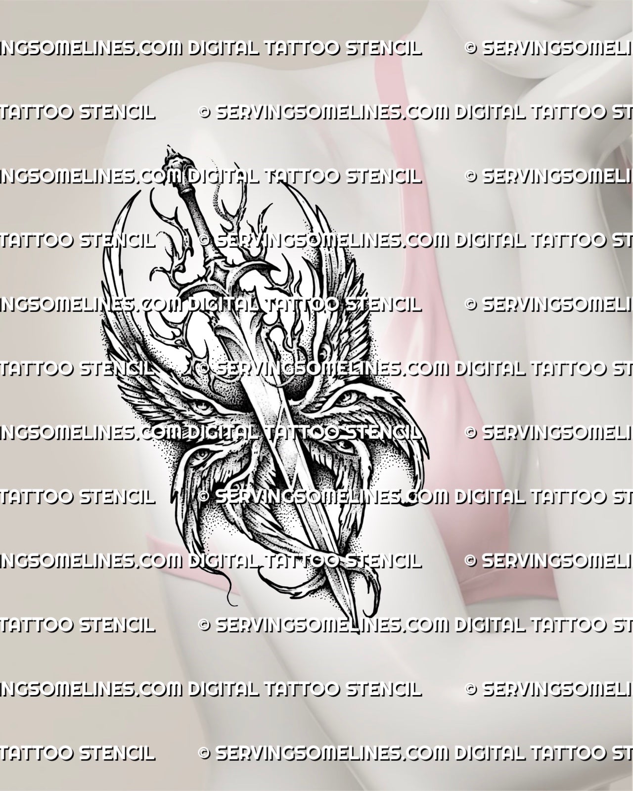 Six winged seraphim tattoo shown on womens upper arm placement, with sword detail, wing eyes, and layered angel wings. 