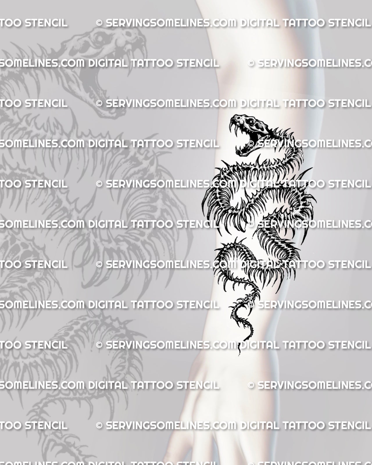 Skeletal snake tattoo shown on forearm placement with curved bone body, snake skull head, and sharp rib detail.