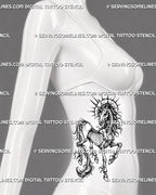 Skeletal unicorn tattoo stencil shown on women’s side stomach with elongated skull, spiral horn, exposed ribs, jointed legs, flowing mane, and vertical gothic composition