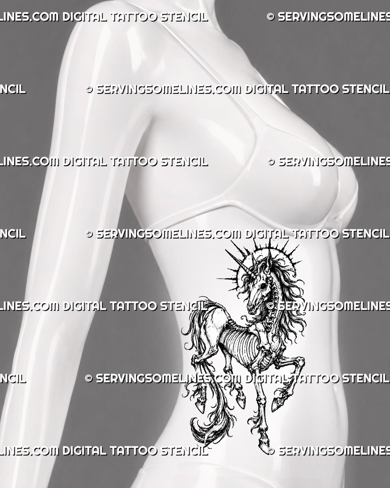 Skeletal unicorn tattoo stencil shown on women’s side stomach with elongated skull, spiral horn, exposed ribs, jointed legs, flowing mane, and vertical gothic composition