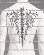 Skeletal wings spine tattoo shown as a smaller men’s upper-to-mid back placement with centered vertebrae, cyber tribal framing, and pointed lower finishv