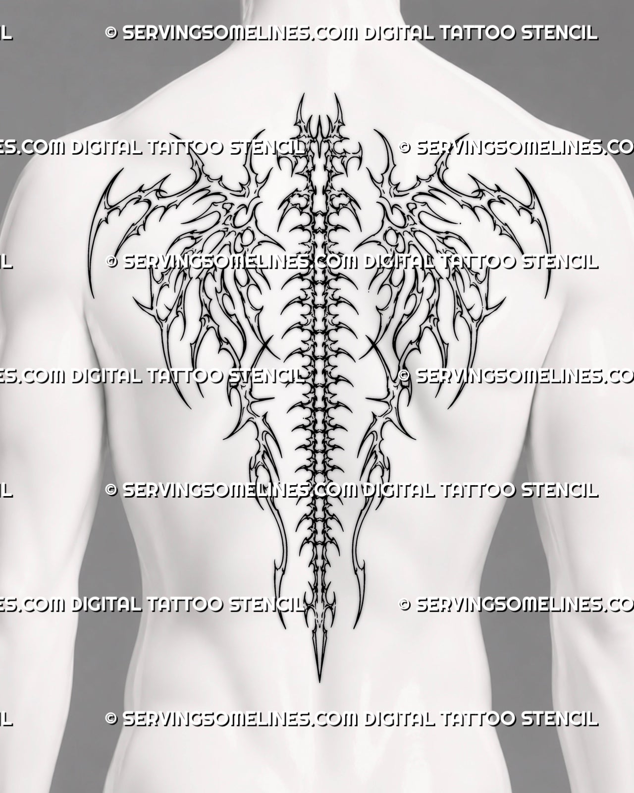 Skeletal wings spine tattoo shown as a smaller men’s upper-to-mid back placement with centered vertebrae, cyber tribal framing, and pointed lower finishv