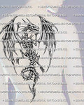 Skeleton dragon back tattoo stencil shown as a men’s backpiece with skeletal wings, exposed ribs, side-facing skull, and curled tail.