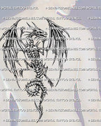 Skeleton dragon back tattoo stencil shown as a men’s backpiece with skeletal wings, exposed ribs, side-facing skull, and curled tail.