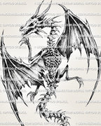 Close-up of skeleton dragon tattoo design showing skull, ribcage, spine texture, torn wing edges, and shaded bone detail.
