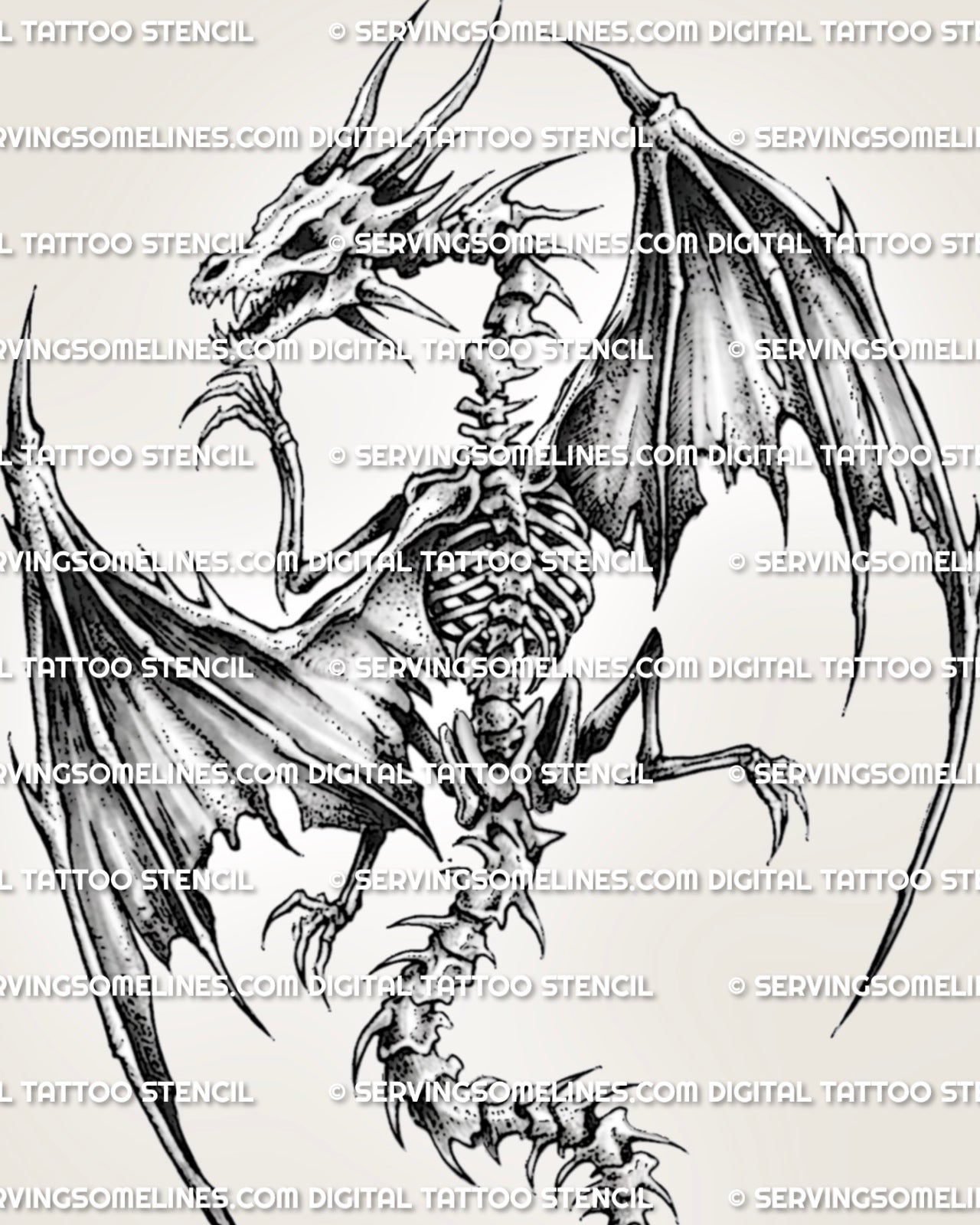 Close-up of skeleton dragon tattoo design showing skull, ribcage, spine texture, torn wing edges, and shaded bone detail.