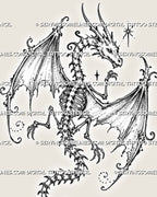 Close-up of a skeleton dragon tattoo design showing the horned skull, ribcage, articulated spine, wing bones, claws, stars, and delicate dotwork