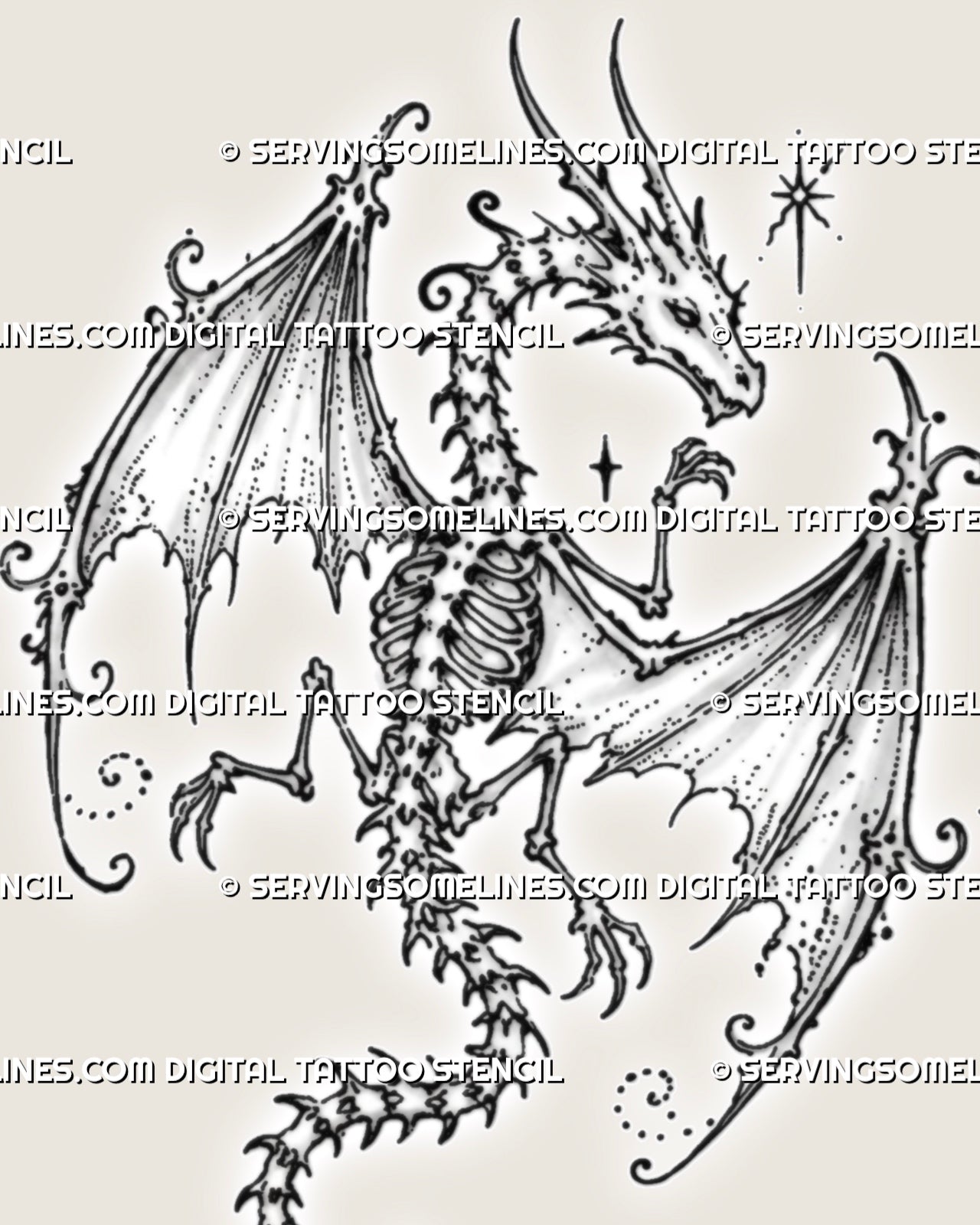 Close-up of a skeleton dragon tattoo design showing the horned skull, ribcage, articulated spine, wing bones, claws, stars, and delicate dotwork