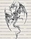 Skeleton dragon tattoo stencil with torn wings, skull, exposed ribcage, spine detail, claws, and long curved tail.