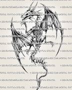 Skeleton dragon tattoo stencil with torn wings, skull, exposed ribcage, spine detail, claws, and long curved tail.