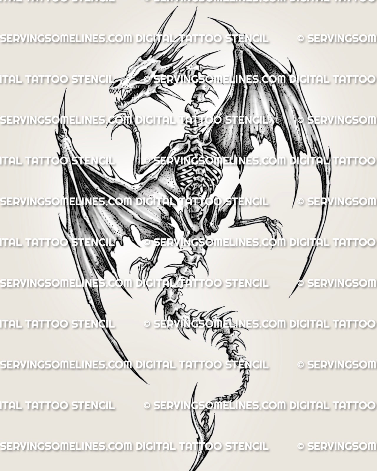Skeleton dragon tattoo stencil with torn wings, skull, exposed ribcage, spine detail, claws, and long curved tail.