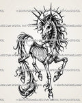 Skeleton unicorn tattoo stencil with full skeletal body, spiral horn, exposed skull, spine, rib cage, jointed legs, flowing mane and tail, and spiked halo