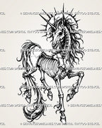 Skeleton unicorn tattoo stencil with full skeletal body, spiral horn, exposed skull, spine, rib cage, jointed legs, flowing mane and tail, and spiked halo