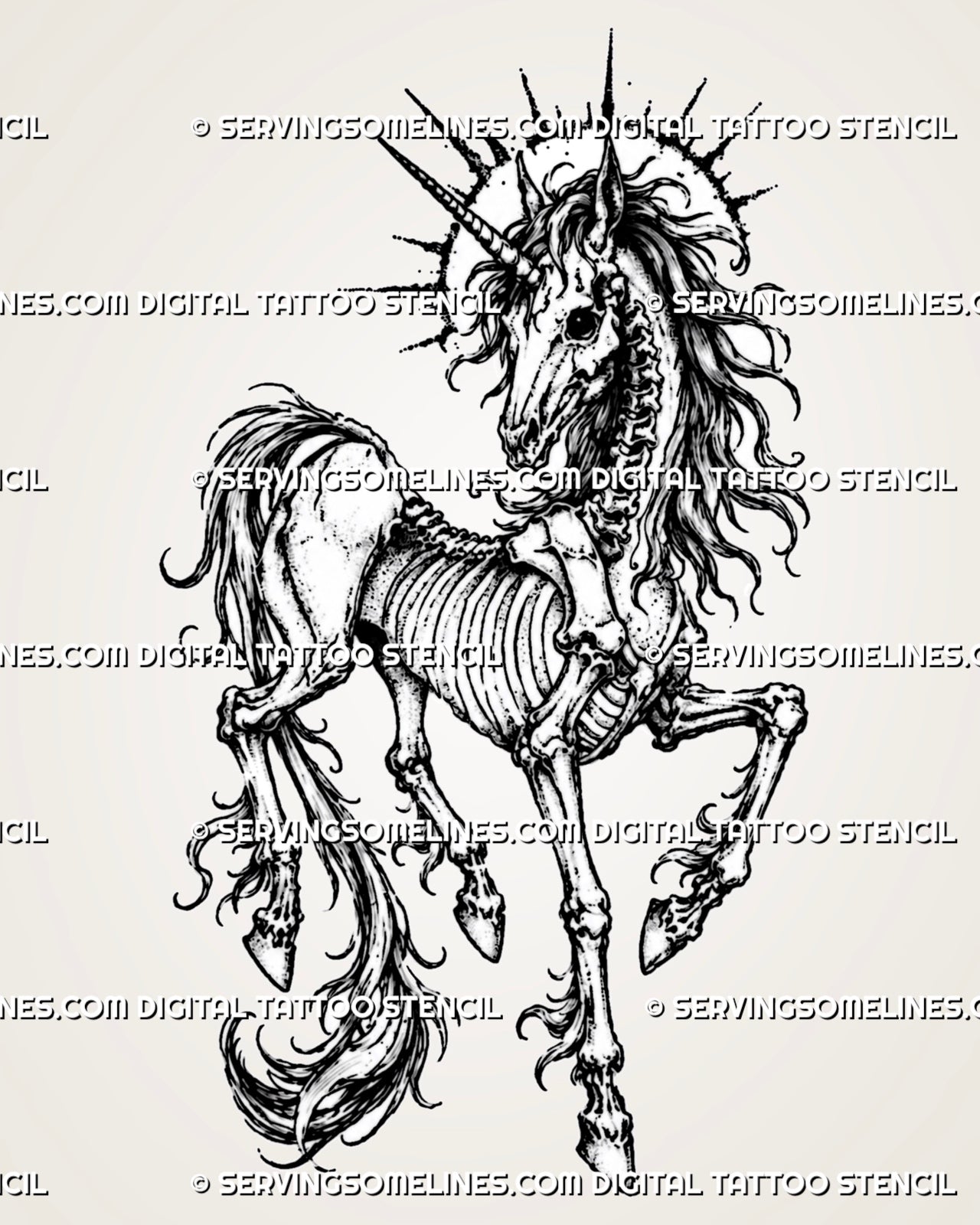 Skeleton unicorn tattoo stencil with full skeletal body, spiral horn, exposed skull, spine, rib cage, jointed legs, flowing mane and tail, and spiked halo