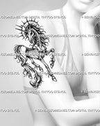 Skeleton unicorn tattoo stencil shown on women’s arm with exposed skull, spiral horn, spine, rib cage, skeletal legs, flowing hair, and dark fantasy linework