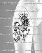 Skeleton unicorn tattoo stencil shown on women’s thigh with horned skull, visible ribs, long bone legs, flowing mane and tail, and gothic fantasy detail