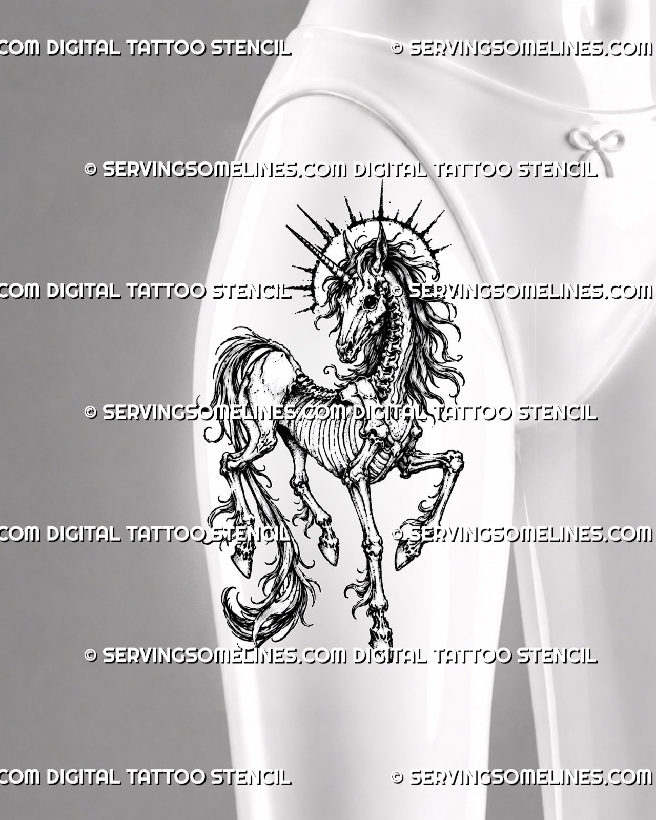 Skeleton unicorn tattoo stencil shown on women’s thigh with horned skull, visible ribs, long bone legs, flowing mane and tail, and gothic fantasy detail