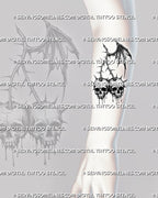 Skull cherry tattoo stencil shown on forearm placement with dripping fruit details, sharp stems, and gothic cherry linework.