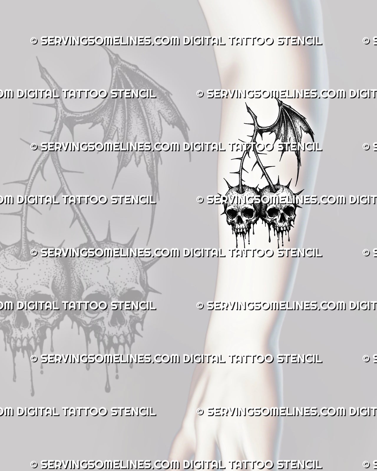 Skull cherry tattoo stencil shown on forearm placement with dripping fruit details, sharp stems, and gothic cherry linework.