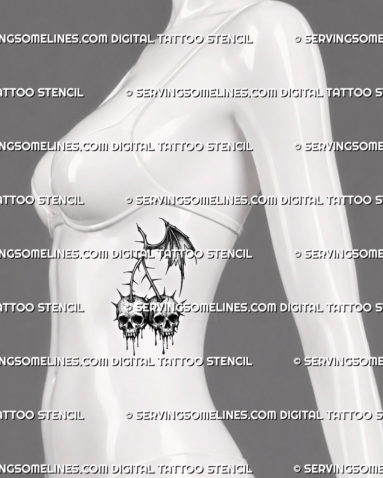 Skull cherry tattoo shown on womens ribs with twin dripping cherries, spiked stems, and dark gothic fruit linework.