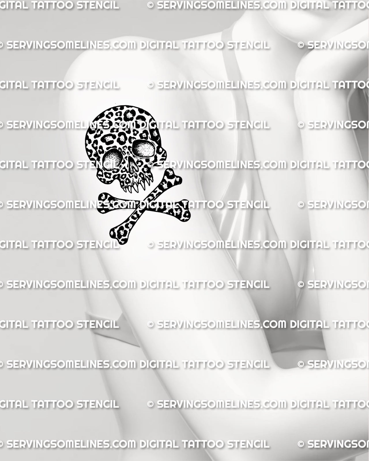 Skull leopard print tattoo shown on women’s upper arm placement with crossed bones and graphic animal print detail.