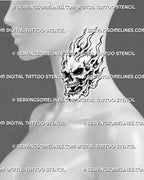 Skull on fire tattoo shown on the side neck with an open jaw, rising crown flames, hollow fire openings, and detailed black-and-grey bone texture