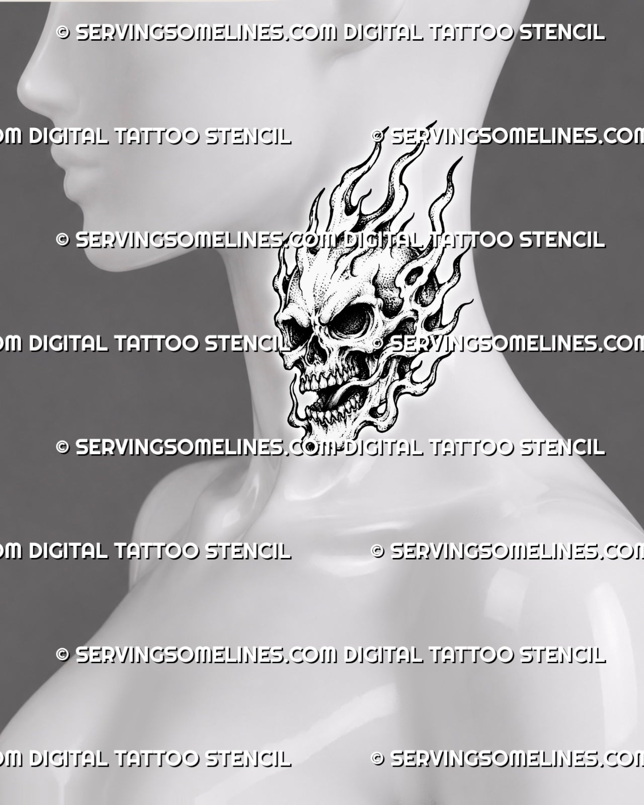 Skull on fire tattoo shown on the side neck with an open jaw, rising crown flames, hollow fire openings, and detailed black-and-grey bone texture