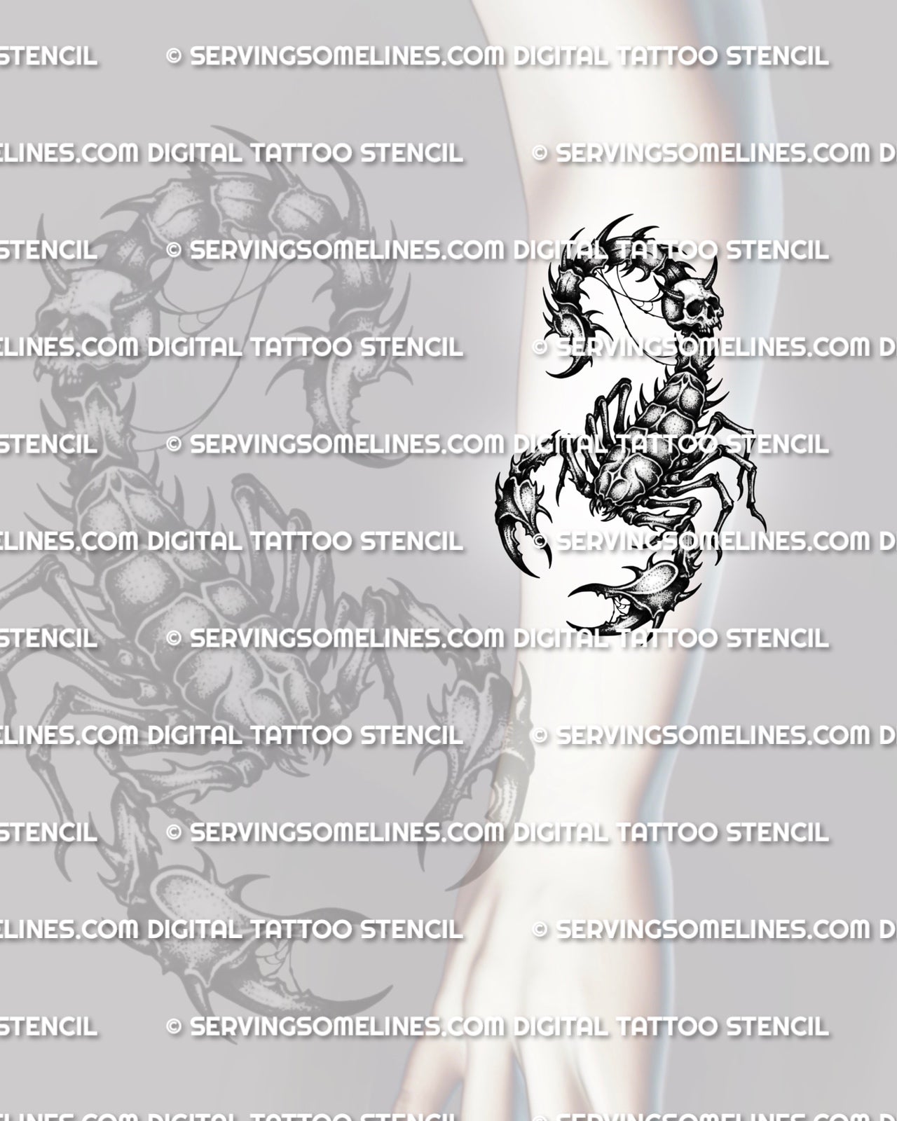 Skull scorpion tattoo shown on forearm placement, with curled tail detail, sharp claws, and readable gothic stencil shape.