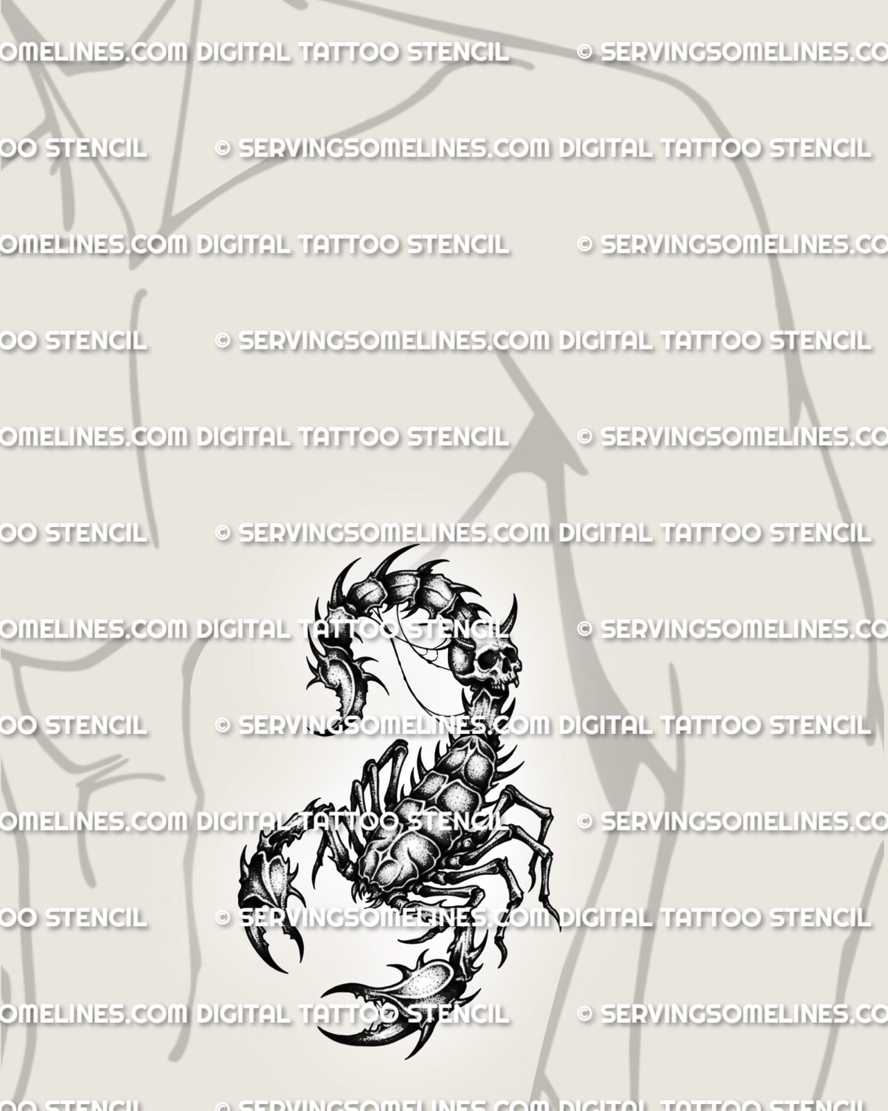 Skull scorpion tattoo shown on mens ribs placement, with curled tail, bone-like legs, and strong gothic scorpion shape.