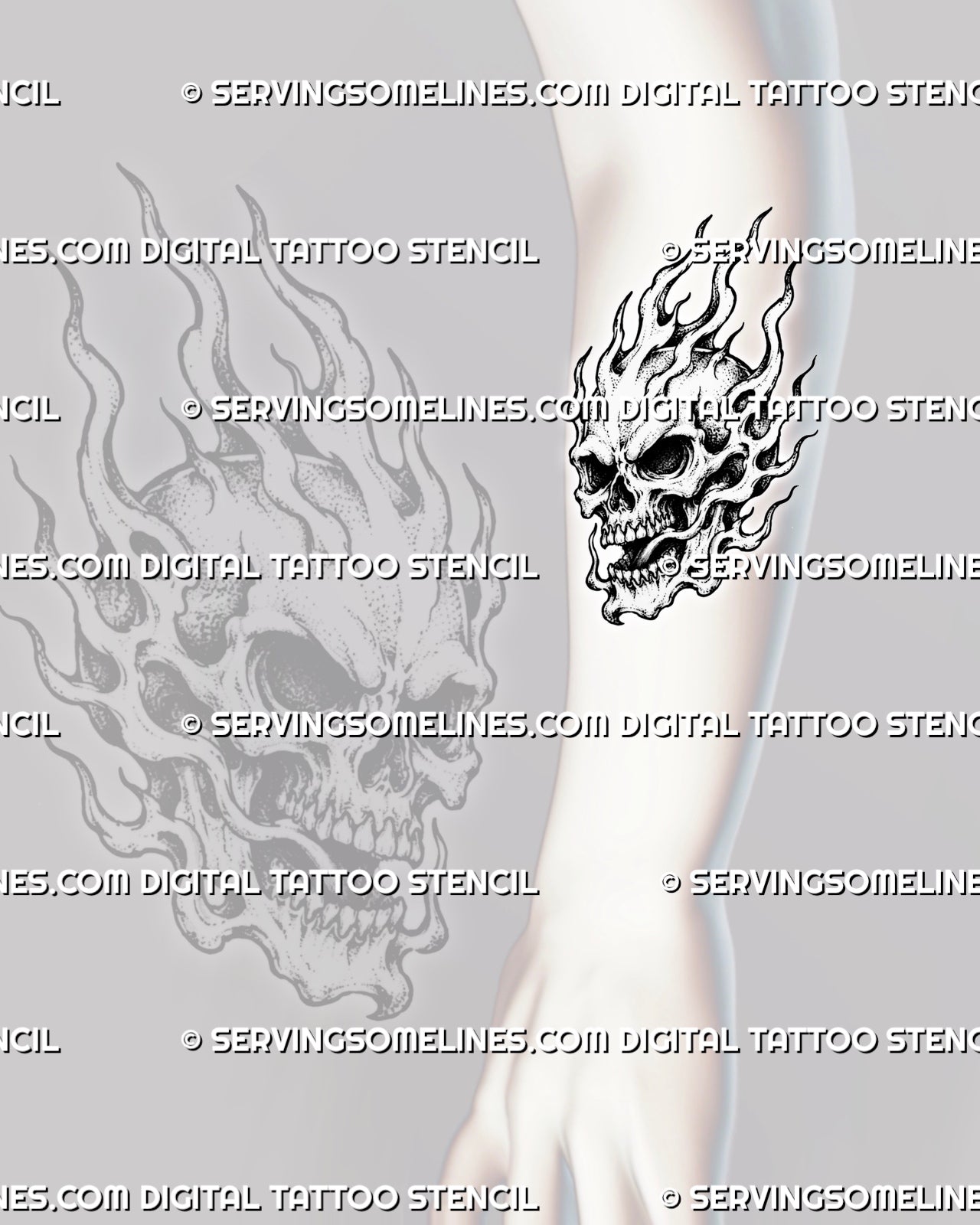 Skull with flames tattoo shown on the forearm with an open jaw, detailed teeth, dark eye sockets, curling side flames, and a tall fire silhouette
