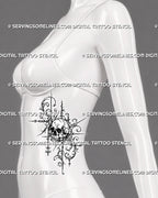 Skull and filigree tattoo shown on women’s side body with weathered bone details, flowing acanthus scrolls, pointed extensions, and an asymmetrical vertical composition