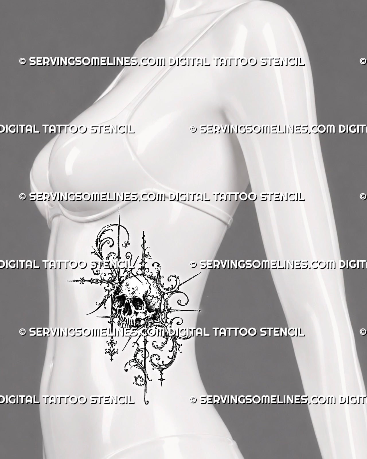 Skull and filigree tattoo shown on women’s side body with weathered bone details, flowing acanthus scrolls, pointed extensions, and an asymmetrical vertical composition