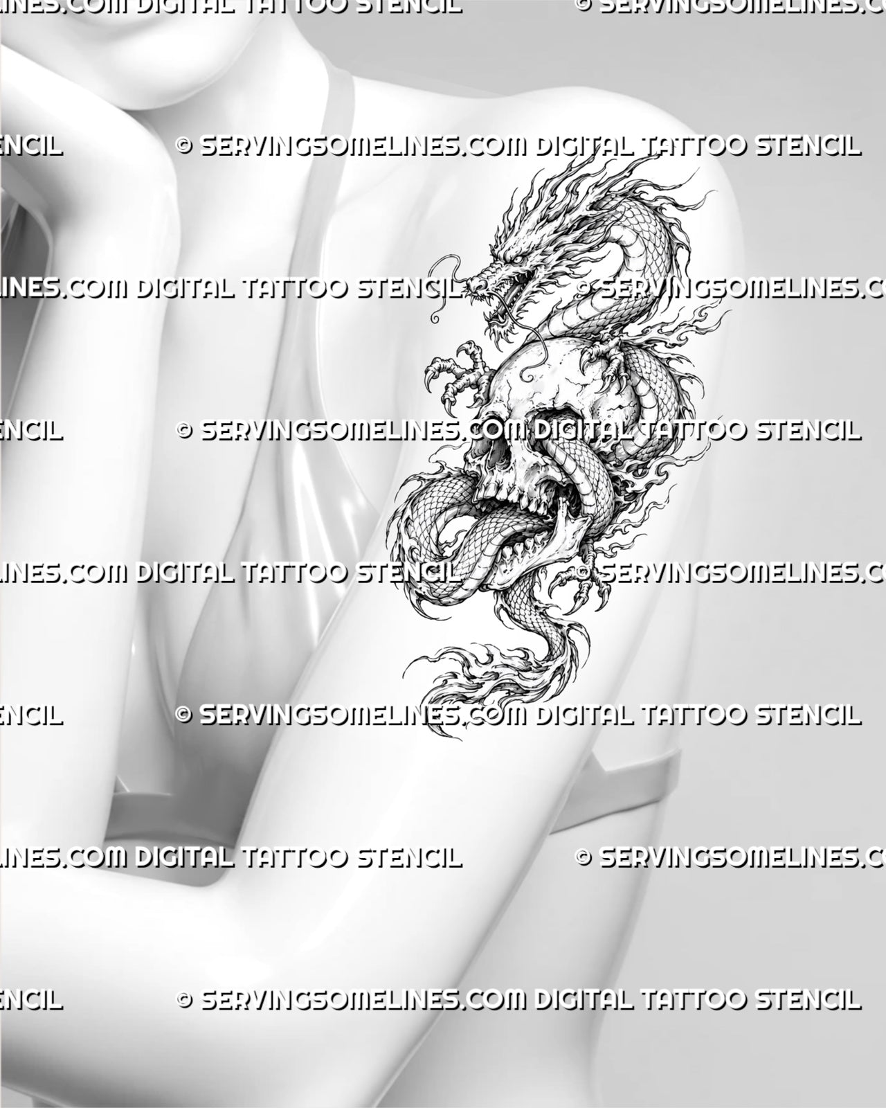 Skull with dragon tattoo stencil shown on women’s arm with large skull, Eastern dragon, horned head, claws, whiskers, and flame-like movement