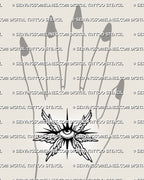Small angel eye tattoo shown on hand top placement, with compact winged shape, central eye, and clean black stencil detail.