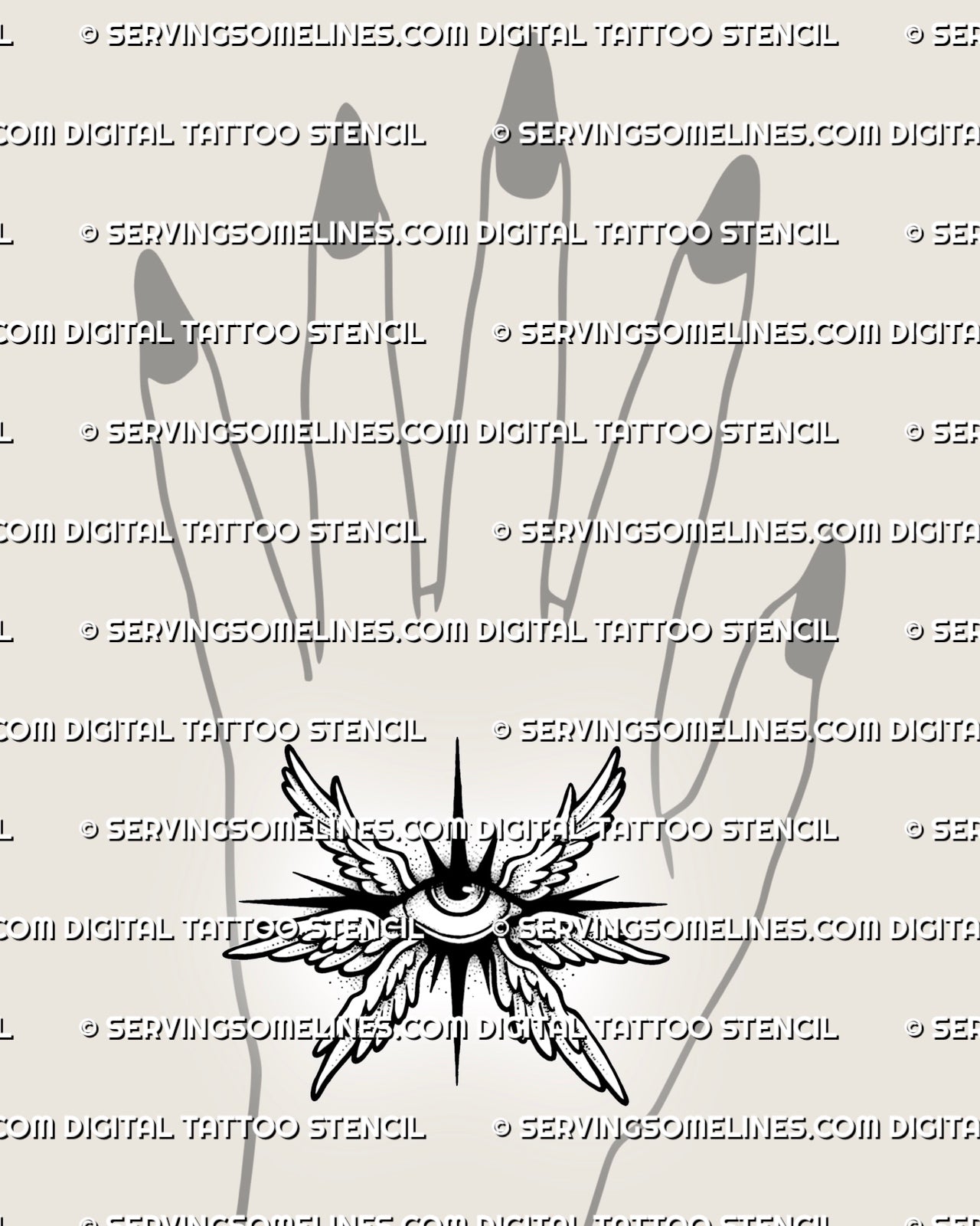 Small angel eye tattoo shown on hand top placement, with compact winged shape, central eye, and clean black stencil detail.