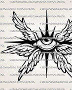 Small angel eye tattoo stencil with winged seraphim detail, central eye, sharp rays, and clean printable layout.