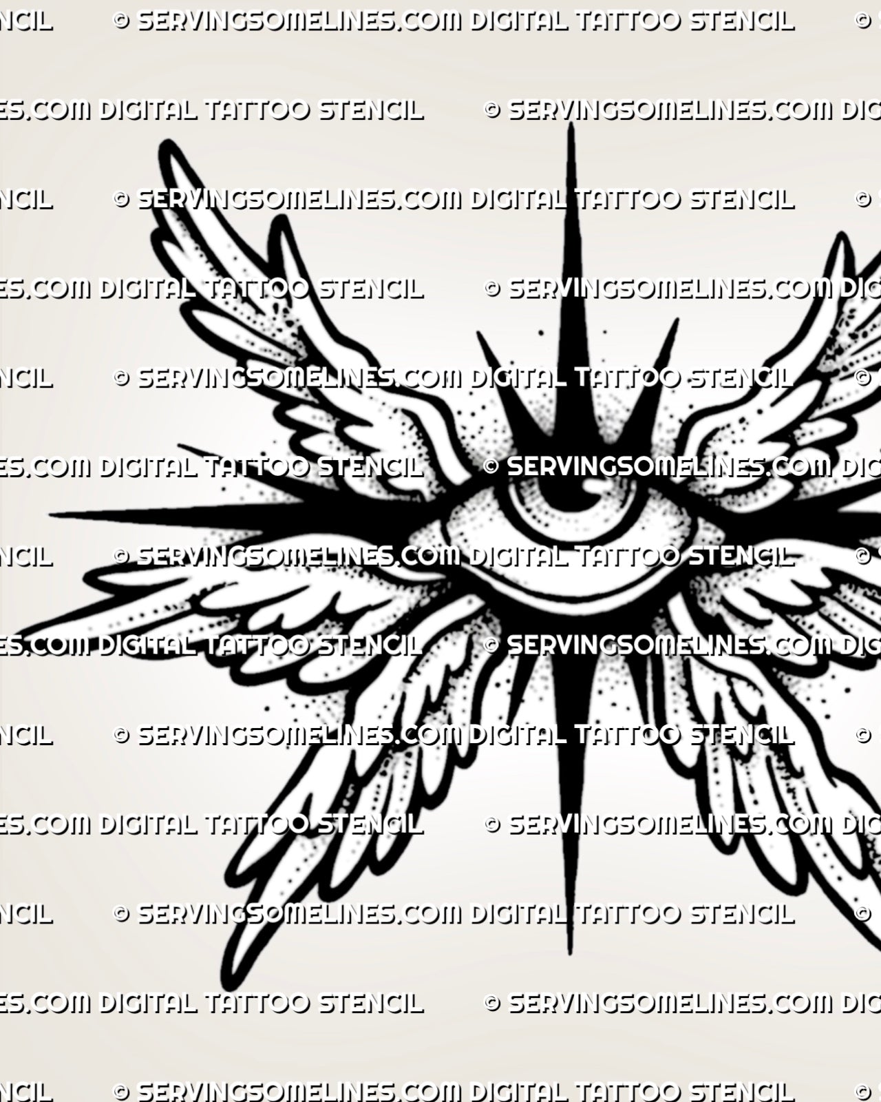 Small angel eye tattoo stencil with winged seraphim detail, central eye, sharp rays, and clean printable layout.