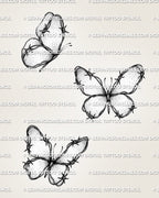 Small barbed wire butterfly tattoo stencil set with 3 compact designs, light wire wraps, tiny barbs, and dot shading